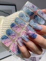 Detail of DY-007 ink marble nail stickers with purple and blue gradients on nails - Purple Blue Pink Ink Smudge (DY-007)