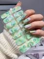 Detailed view of ink marble watercolor nail stickers applied with green and yellow tones - Green Yellow Purple Watercolor (DY-010)