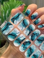 Detail of blue-green marble ink nail stickers with gold glitter and self-adhesive finish - Blue Green Gold Shimmer Ink Marble (DY-020)