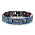 Macro detail of men's magnetic steel bracelet with blue trim and therapeutic magnets - Blue & Black Two-tone