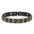 Men's stainless steel magnetic health bracelet with matte black finish and gold Greek key pattern - Black Gold
