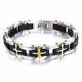 Bracelet rock pour homme en acier inoxydable et silicone avec croix dorée - Doré