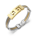 Three-layer steel cable bracelet with golden Greek meander pattern and folding clasp - Two-tone (Gold & Silver)