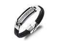 Dettaglio macro del bracciale da uomo in pelle nera con inserto in metallo greco - Nero