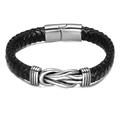 Bracciale da uomo in pelle nera intrecciata con nodo argentato e chiusura in metallo - Stile Nodo / Nero