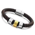 Bracciale da uomo in pelle intrecciata marrone con chiusura magnetica oro e argento - Marrone