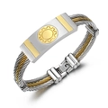 Men's tri-tone stainless steel cable wire bracelet with gold gear accent in silver finish - Two Tone Gold Silver Three Row Cable Style (JDL904)