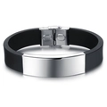 Pulsera para hombre de silicona negra con placa de acero inoxidable plateado pulido - Plata Pulida