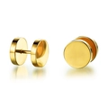 Pair of gold dumbbell-shaped stainless steel stud earrings with polished mirror finish - Gold