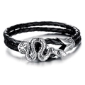 Bracciale da uomo in pelle intrecciata nera a doppio strato con chiusura a serpente in argento - 18.5cm