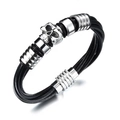 Punk zwart lederen armband met zilveren doodskop en stalen kralen in meerdere lagen - 20.5CM