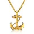 Polished gold anchor pendant necklace with thick round chain and nautical rope detail - Gold Color With Chain