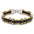 Men's titanium steel bracelet with gold and silver links featuring black Greek key patterns - 22cm