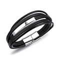 Pulsera multicapa de cuero negro para hombre con adornos plateados y cierre magnético - Negro