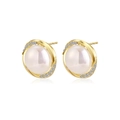 Macro detail of gold wheat leaf pearl earrings with crystal pavé and large white pearls - Gold with White Pearl