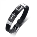 Pulsera de silicona negra para hombre con cruz de plata y hebilla ajustable - Panel Negro + Cruz Plateada
