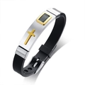 Pulsera ajustable de silicona negra con placa de acero e incrustación de cruz dorada - Panel Plateado + Cruz Dorada