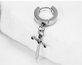 Macro detail of silver titanium steel cross sword earring with black stone inlays - Sword Pendant Style / Silver