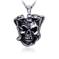 Gothic skull and cobra pendant necklace in aged stainless steel with pearl chain - Double Snake Head Style