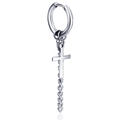 Minimalist silver steel cross hoop earring with twisted chain tassel dangle - Steel Color Cross