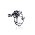 Gothic silver skull hoop earring with rose in mouth on white background - Silver