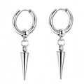 Punk style stainless steel hoop earrings featuring tapered cone pendant on white background - Hoop Thick Spike Style