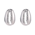 Symmetric polished silver seashell stud earrings in minimalist ocean style on white background - White K/Silver