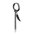 Black stainless steel hoop earring with dangling chain and delicate feather pendant - Feather Chain (Style 8)
