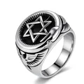 Men's stainless steel signet ring with hexagram star and eagle wings relief design - 23# / Antique Silver