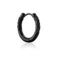 Single black stainless steel hoop earring with embossed pattern and snap closure - 12mm Single Piece / Black