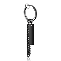 Close-up of matte black clip-on earring with industrial chain and rectangle tag pendant - Clip-On Earrings / Black