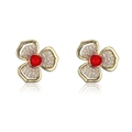 Elegant gold flower stud earrings with red beads and shimmering zircon stone petals - Gold
