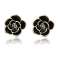 Élégantes boucles d'oreilles camélia noir avec bordure dorée et cristal central - Noir