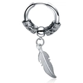 Minimalist stainless steel cross hoop earring with vintage feather and bead pendant - Silver