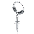 Gothic stainless steel hoop earring with detailed dragon head and dagger pendant charm - Silver