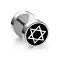 Poliertes Titanstahl-Hantelohrring mit weißem Hexagramm auf schwarzer runder Basis - Hexagramm Schwarze Fläche