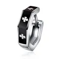 Silver stainless steel hexagonal earrings with black enamel and floral cross pattern - Silver