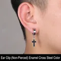 Detail of stainless steel clip-on earring with black and silver cross charm for men - Enamel Cross Clip (Non-Pierced) (Steel Color)