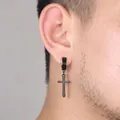 Close-up of black stainless steel cross drop earring worn on ear for pierced ears - Large Cross Hoop (Pierced) (Black)