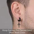 Detail shot of a black stainless steel cross drop earring for pierced ears in punk style - Floral Cross Hoop (Pierced) (Black)