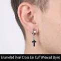 Close-up of cross charm earring with black drip oil finish on male model ear - Enamel Cross Hoop (Pierced) (Steel Color)