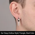 Macro view of stainless steel earring with triangle pendant on male model ear - Triangle Hoop (Pierced) (Steel Color)