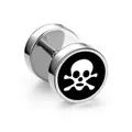 Polished titanium steel barbell stud earring featuring a punk style skull and crossbones design - Black Skull Face