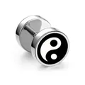 Polished stainless steel barbell stud earrings featuring a classic yin yang tai chi design - Tai Chi Black Face