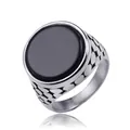 Anello da uomo vintage in acciaio inossidabile con pietra nera tonda e trama incisa - 23# / Argento Antico