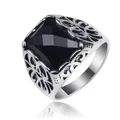Vintage men's stainless steel ring with large square black gemstone and carved details - 18# / Antique Silver