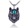Vintage wolfskop hanger ketting van roestvrij staal met blauwe edelsteen aan een ketting - Groene Oog Wolfskop Stijl (Met Ketting)