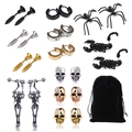 Set de boucles d'oreilles punk gothique avec crâne, araignée et vis en noir, or et argent - Ensemble de 12 Paires avec Pochette