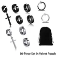 10-teiliges Set aus Edelstahl-Ohrklemmen in Schwarz und Silber mit Samt-Schmuckbeutel - Edelstahl Kreuz Ohrring Sortiment (10er Set Mit Beutel)