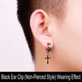 Matte black stainless steel cross clip-on earring for non-pierced ears on model - Clip-on Style (No Piercing) / Black